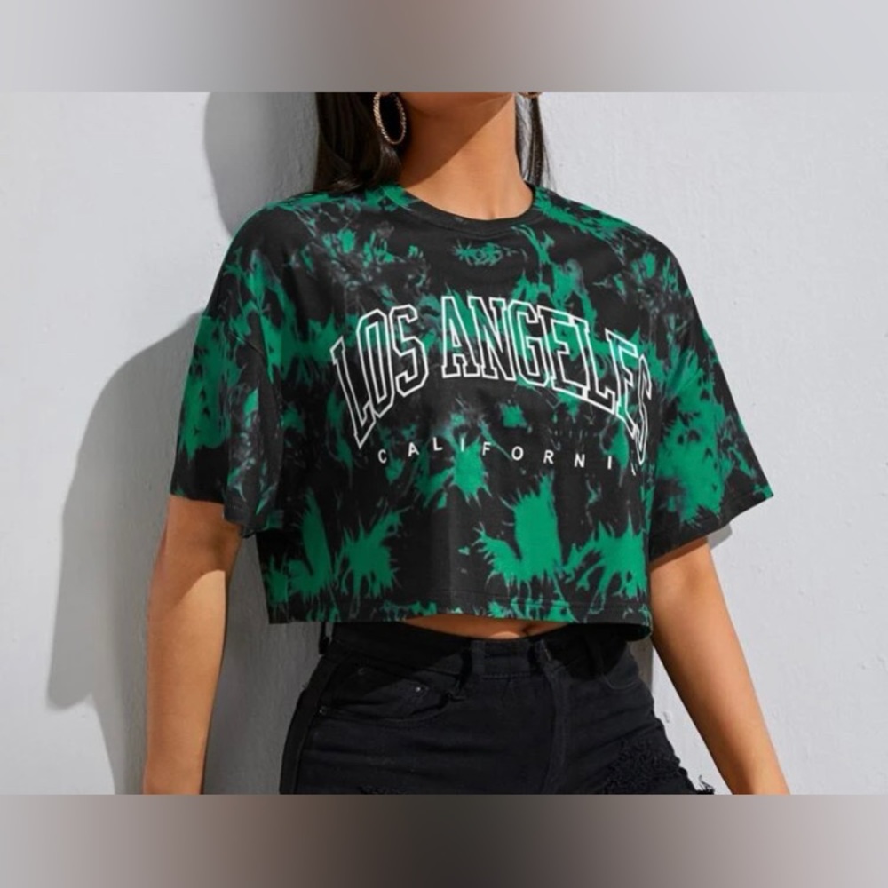 NWOT- SHEIN EZwear Drop Shoulder Letter Graphic Tie Dye Tee